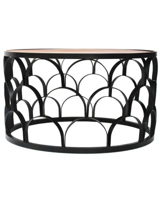 32 Inch Round Coffee Table, Mango Wood Top, Lattice Cut Out Metal Frame, Brown, Black