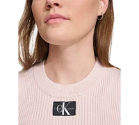 Calvin Klein Jeans Women's Ribbed Angled-Hem Cropped Logo Top