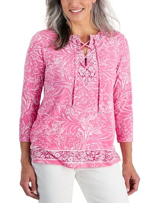 Jm Collection Petite Mixed-Print Lace-Up Knit Tunic, Created for Macy's