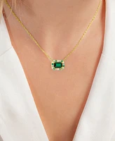 Lab-Grown Emerald (1-1/10 ct. t.w.) & Lab-Grown Multi-Sapphire (1/3 ct. t.w.) Halo 18" Pendant Necklace in 14k Gold-Plated Sterling Silver