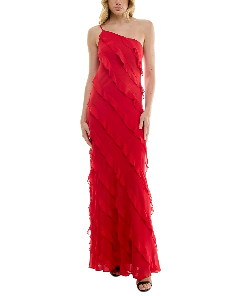 B Darlin Juniors' Tiered Ruffled One-Shoulder Gown