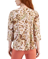 Jm Collection Women's Printed 3/4 Sleeve V-Neck Embellished Top, Created for Macy's