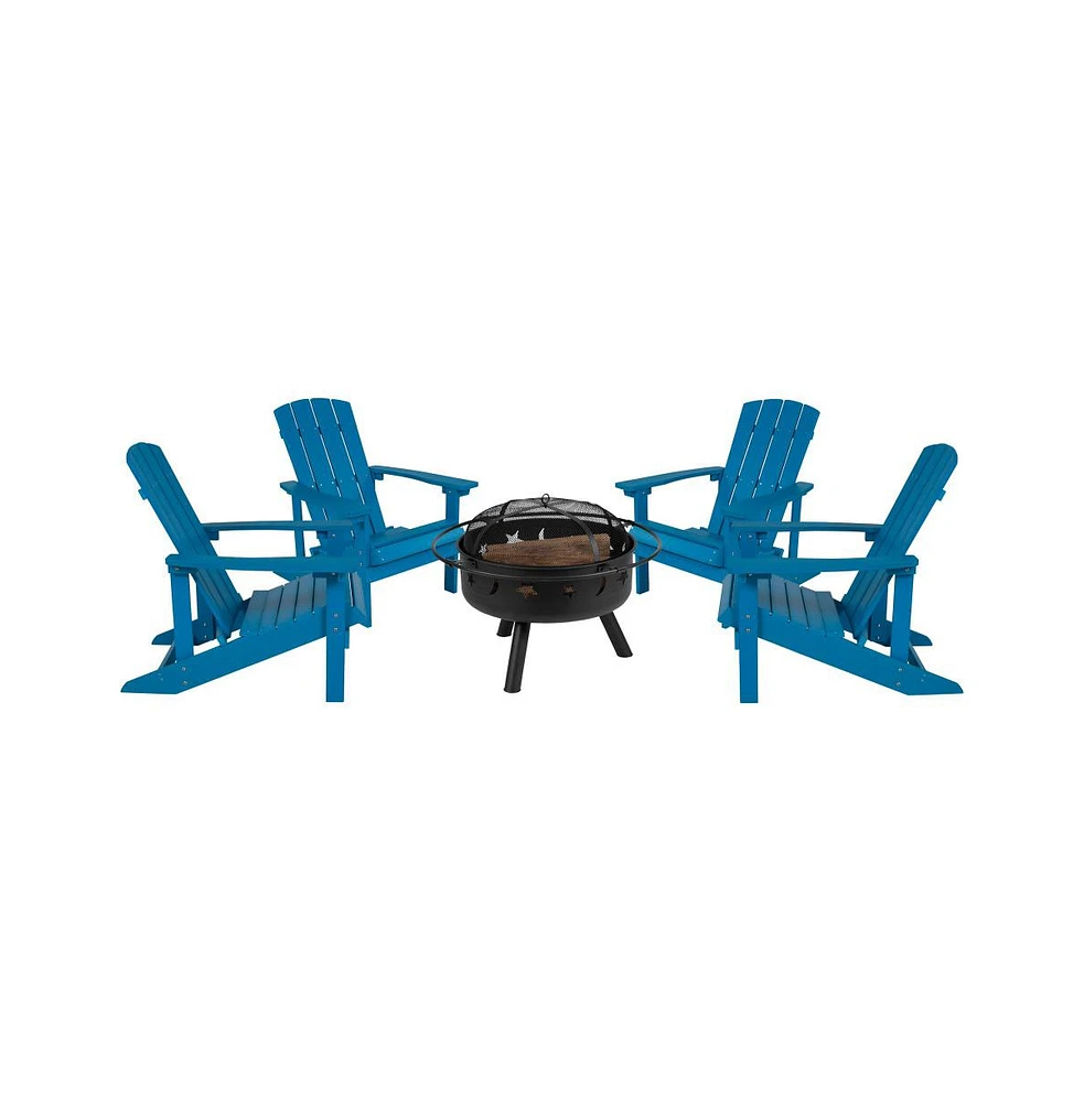 Ayala 5 Piece Outdoor Leisure Set With Of 4 Poly Resin Adirondack Chairs And Star Moon Iron Fire Pit