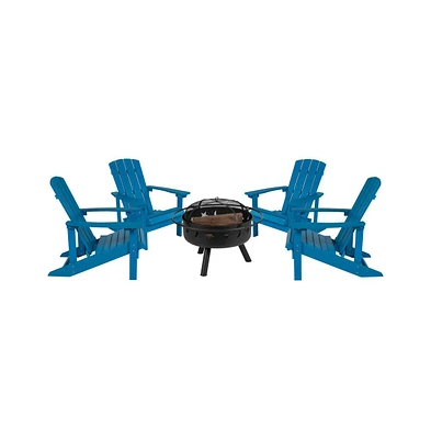 Ayala 5 Piece Outdoor Leisure Set With Of 4 Poly Resin Adirondack Chairs And Star Moon Iron Fire Pit