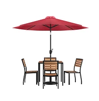 Forrest Seven Piece Faux Teak Patio Dining Set - Table, 4 Armless Stacking Club Chairs And 9' Patio Umbrella & Base