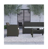 Vivian 4 Piece Faux Rattan Patio Furniture Set With 2 Chairs And Sofa With Removable Beige Cushions And Table