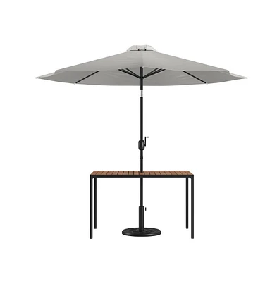 Outdoor Powder Coated Steel Dining Table With Faux Teak Poly Slat Top, 9' Patio Umbrella And Base