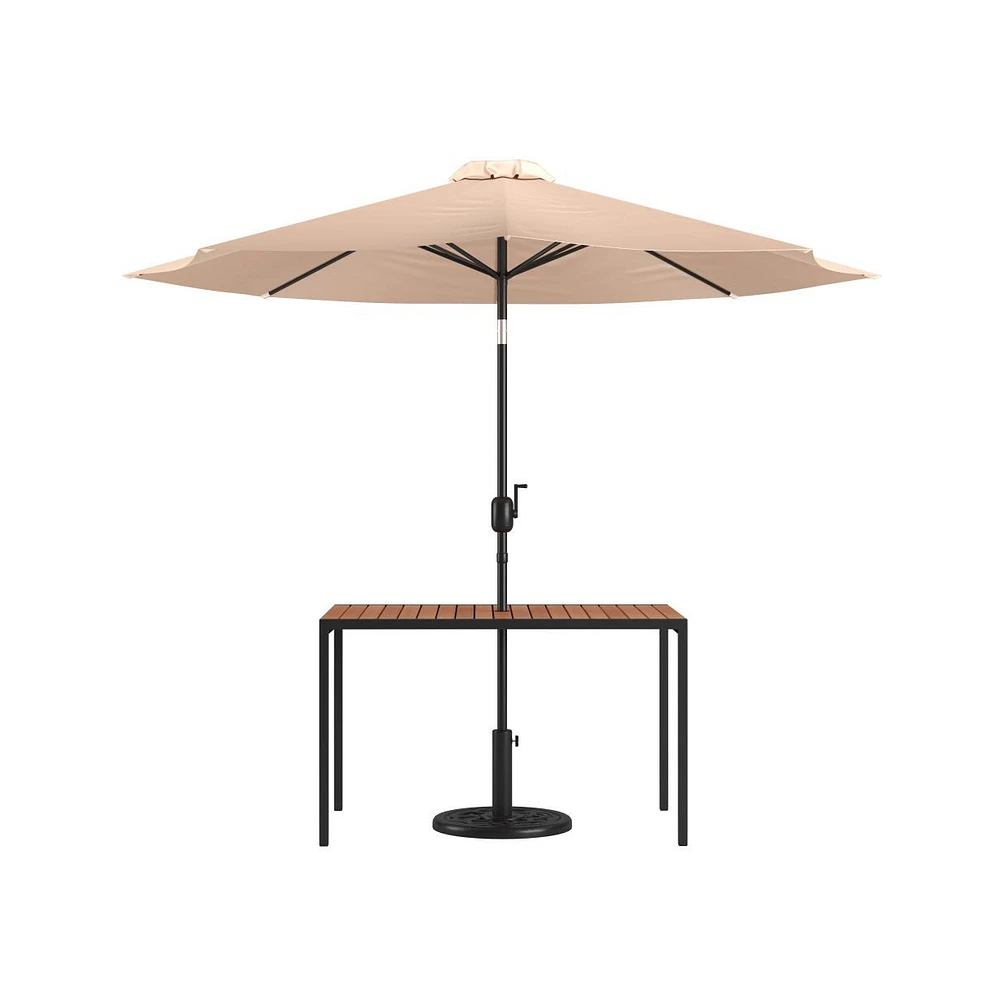 Outdoor Powder Coated Steel Dining Table With Faux Teak Poly Slat Top, 9' Patio Umbrella And Base