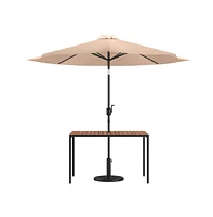 Outdoor Powder Coated Steel Dining Table With Faux Teak Poly Slat Top, 9' Patio Umbrella And Base