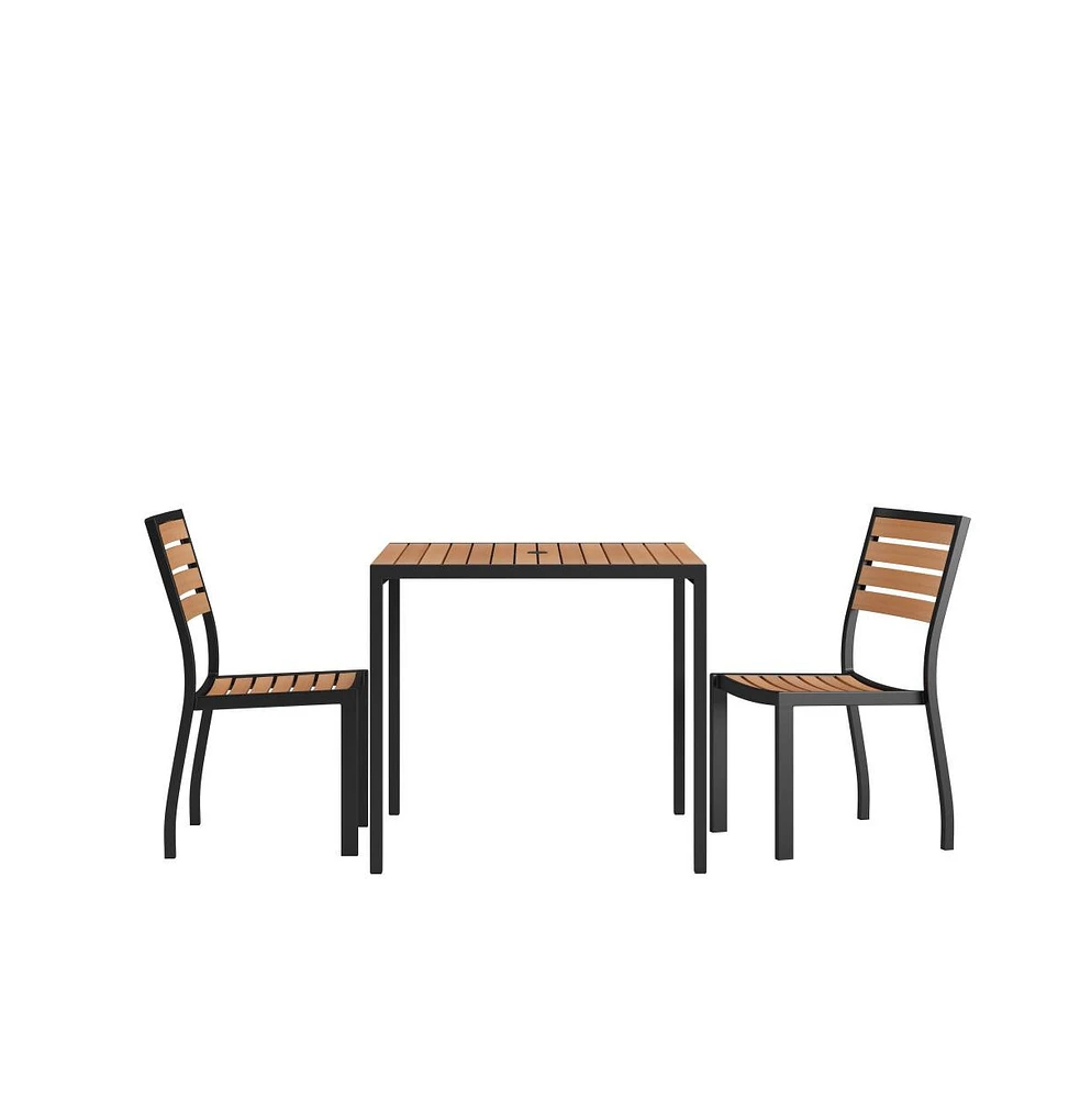 Forrest Three Piece Faux Teak Patio Dining Set For Indoor And Outdoor Use - Table And Two Armless Stacking Club Chairs