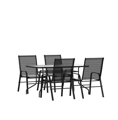 Five Piece Patio Table Set With Metal Tempered Glass Top And 4 Flex Comfort Stacking Chairs