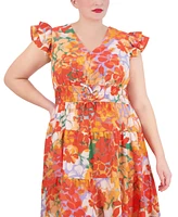 Vince Camuto Plus Printed V-Neck Flutter-Cap-Sleeve Dress