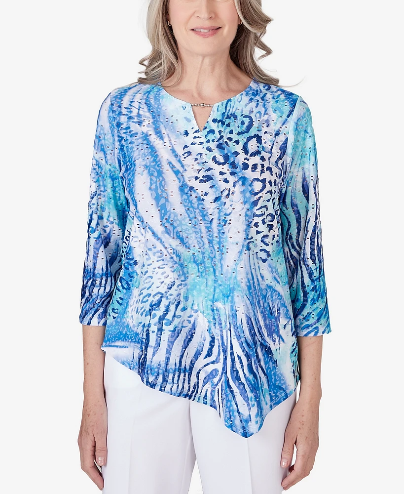 Alfred Dunner Petite Paradise Island Animal Print Eyelet Top