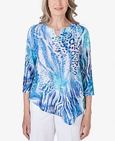 Alfred Dunner Petite Paradise Island Animal Print Eyelet Top