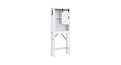 3-Tier Wooden Bathroom Cabinet with Sliding Barn Door and 3-position Adjustable Shelves-White