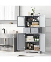 3 Tier Free-Standing Bathroom Cabinet with 2 Drawers and Glass Doors