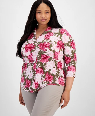 Jm Collection Plus Linear Garden V-Neck Top, Created for Macy's