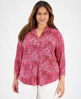 Jm Collection Plus Printed V-Neck 3/4 Sleeve Top, Created for Macy's