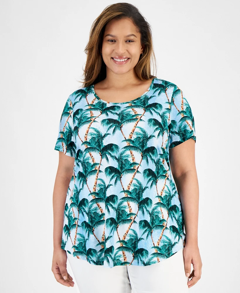 Jm Collection Plus Tropical Overlay Short-Sleeve Top, Created for Macy's