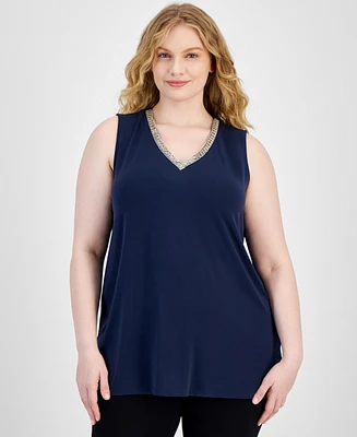 Jm Collection Plus Embellished-v-Neck Sleeveless Top, Created for Macy's