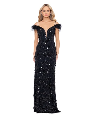 Betsy & Adam Women's Sequined Feather-Trim Gown