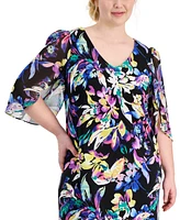 Connected Plus Printed V-Neck Cape-Sleeve Dress