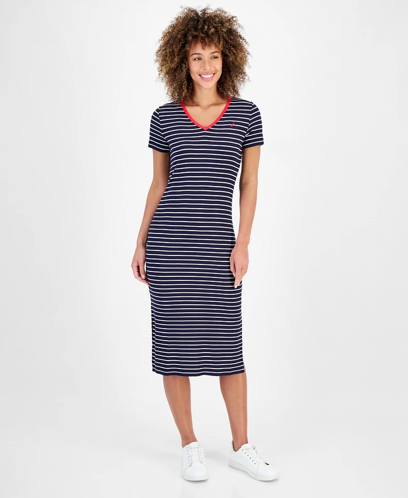 Nautica Jeans Women's Striped Rib-Knit Midi T-Shirt Dress