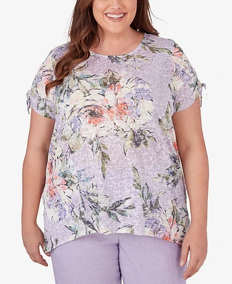 Alfred Dunner Plus Garden Party Short Sleeve Burnout Floral Top