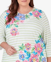 Alfred Dunner Plus Miami Beach Asymmetrical Stripe Floral Top