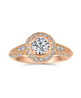 Bling Jewelry Art Deco Style Milgrain Edge Halo Cubic Zirconia Circlet Round Solitaire Promise Ring Rose Gold Plated .925 Sterling Silver