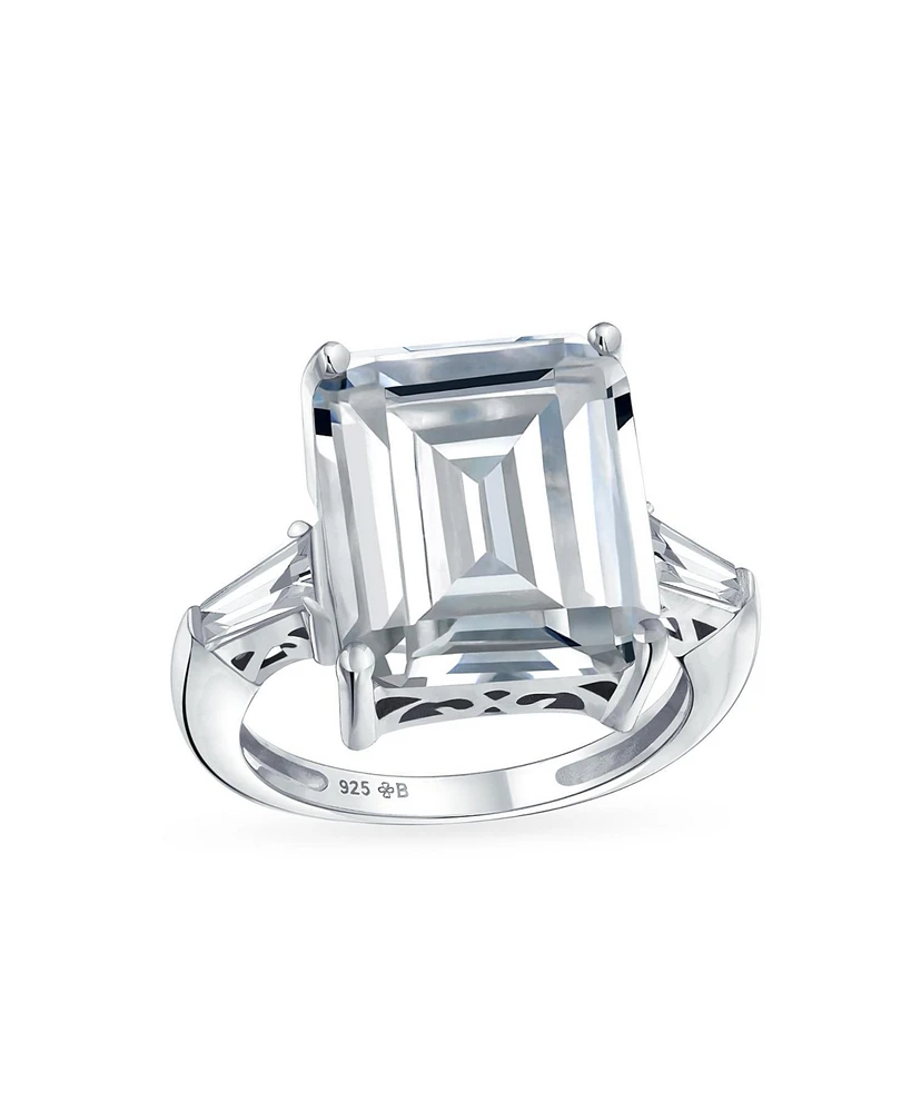 Bling Jewelry Art Deco Style Big 7CT Cz Statement Solitaire Emerald Cut Engagement Ring Side Stone Baguette Thin Band Sterling Silver Decorative Setti