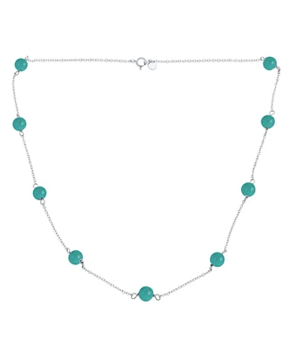 Delicate Simple Genuine Gemstone Blue Turquoise Chain Round Ball Bead Tin Cup Necklace For Women .925 Sterling Silver 18 Inch