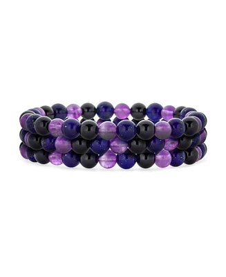 Bling Jewelry Set of Three Simple Semi Precious Purple Natural Amethyst Blue Lapis Black Tourmaline 6MM Round Bead Stretch Bracelet Layering Stackable