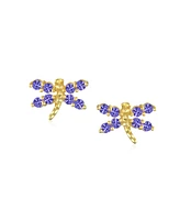 Minimalist Tiny Cubic Zirconia Royal Blue Simulated Sapphire Cz Dragonfly Firefly Butterfly Stud Earrings Real 14K Yellow Gold Screw back
