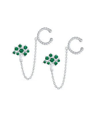 Helix Chain & Cable Ear Cuff Cartilage Earlobe Cz Green Family Tree of Life Earrings For Women .925 Sterling Silver