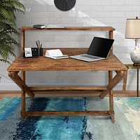 42 Inch Rectangular Mango Wood Home Office Desk, Top Shelf, X Shaped Folding Frame, Brown