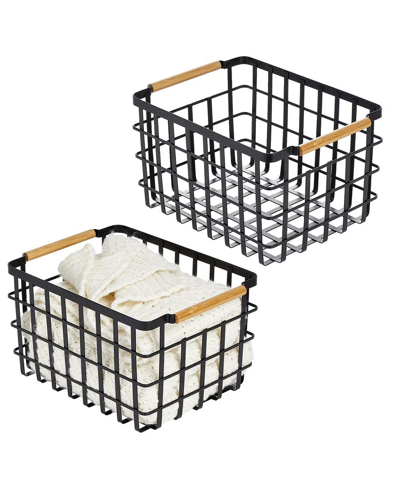 mDesign Metal Closet Organizer Basket, Wood Handles, 2 Pack