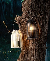 Glitzhome 9.75" H Set of 2 Metal Stripes Solar Powered Edison Bulb Outdoor Hanging Lantern