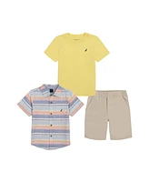 Nautica Little Sizes Boys Short Sleeve T-shirt, Multi-Stripe Gauze Shirt and Twill Shorts, 3 Pc Set