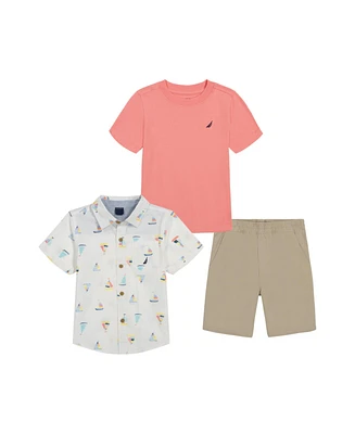 Nautica Little Boys Short Sleeve T-shirt, Printed Poplin Shirt and Twill Shorts, 3 Pc Set