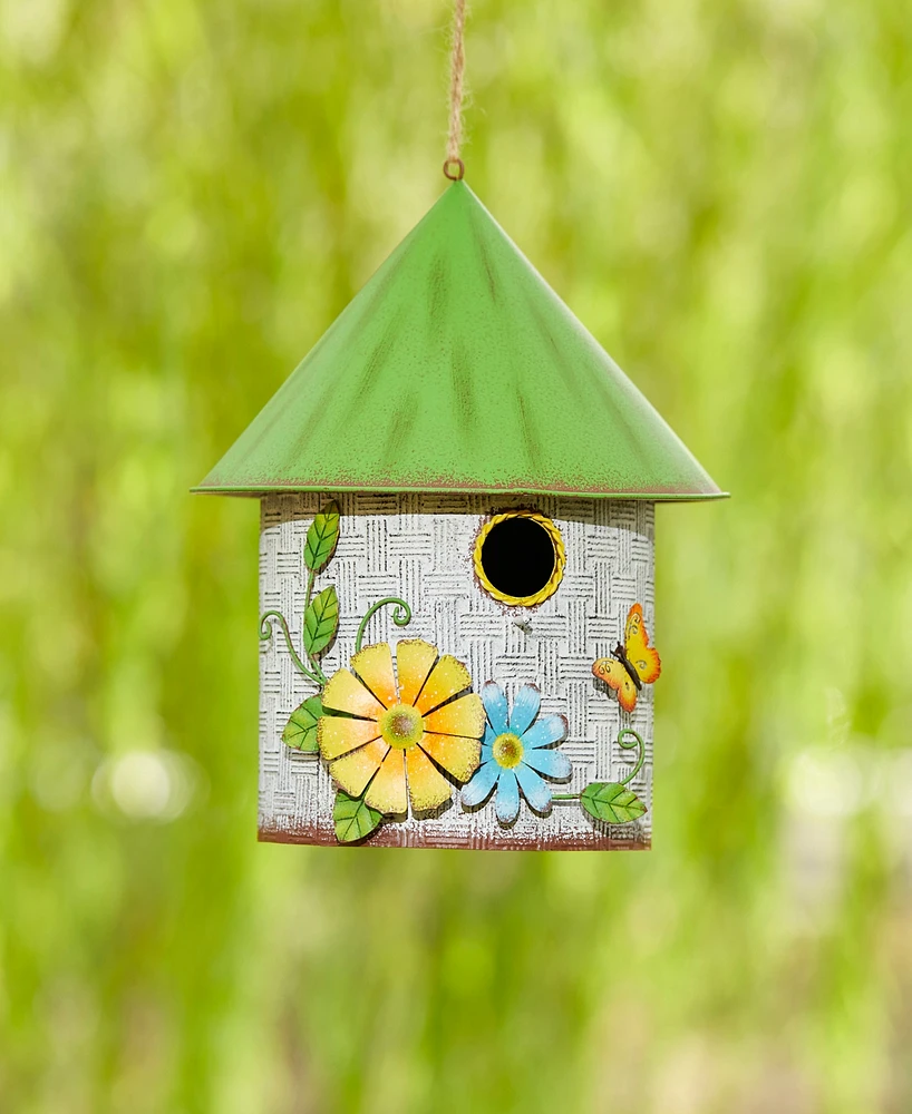 Glitzhome 11" H Stylish Distressed Metal Cottage Decorative Birdhouse with a Cluster of 3D Flowers and Butterfly