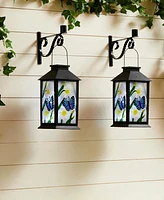 Glitzhome 11" H Set of 2 Stylish Textured Glass with Butterfly and Flower Pattern Solar Powered Hanging Lantern