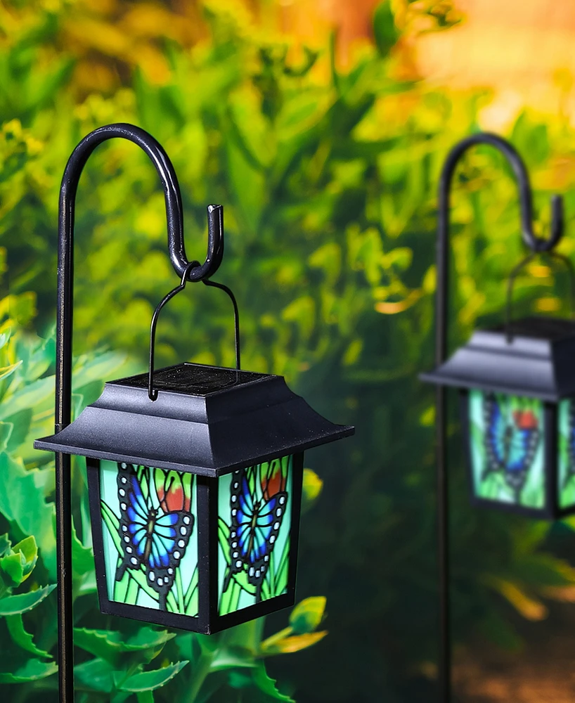 Glitzhome 30" H Set of 2 Solar Powered Butterfly Scene Pattern Garden Lamp or Pathway Light with Ground Stake