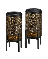 Glitzhome 14.25" H Set of 2 Black and Gold-Tone Metal Cutout Flower Pattern Solar Powered Led Outdoor Lantern with Stand