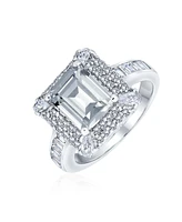 Bling Jewelry Classic 4CTW Cubic Zirconia Rectangle Halo Cz Emerald Cut Engagement Ring For Women Sterling Silver Pave Band Promise