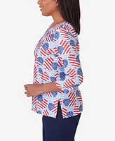 Alfred Dunner Women's All American Flag Hearts Three Quarter Sleeve Shirt