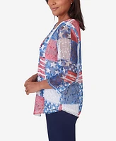 Alfred Dunner Women's All American Patchwork Flag Mesh Top with Necklace