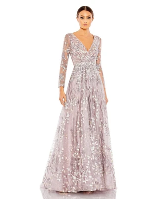 Women's Embellished Wrap Over Illusion Long Sleeve A Line Gown