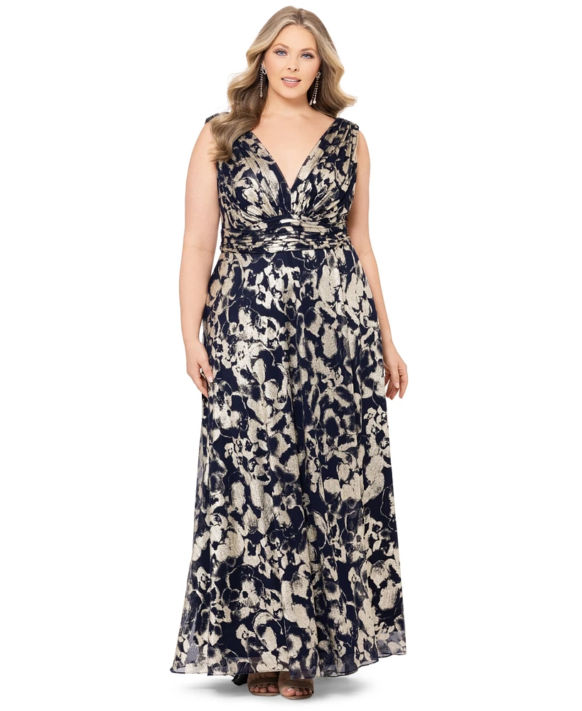 Betsy & Adam Plus Metallic-Print Gown