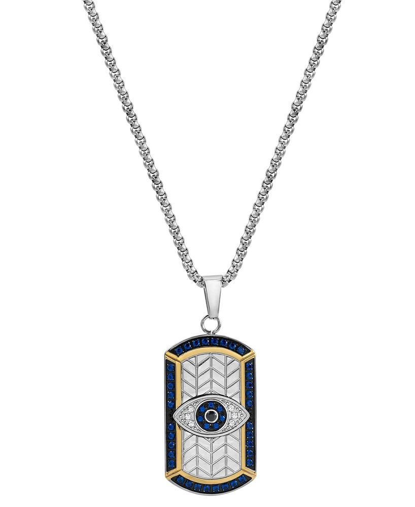 Blackjack Multicolor Cubic Zirconia Evil Eye Dog Tag 24" Pendant Necklace in Sterling Silver and Black- & Gold-Tone Ion-Plate